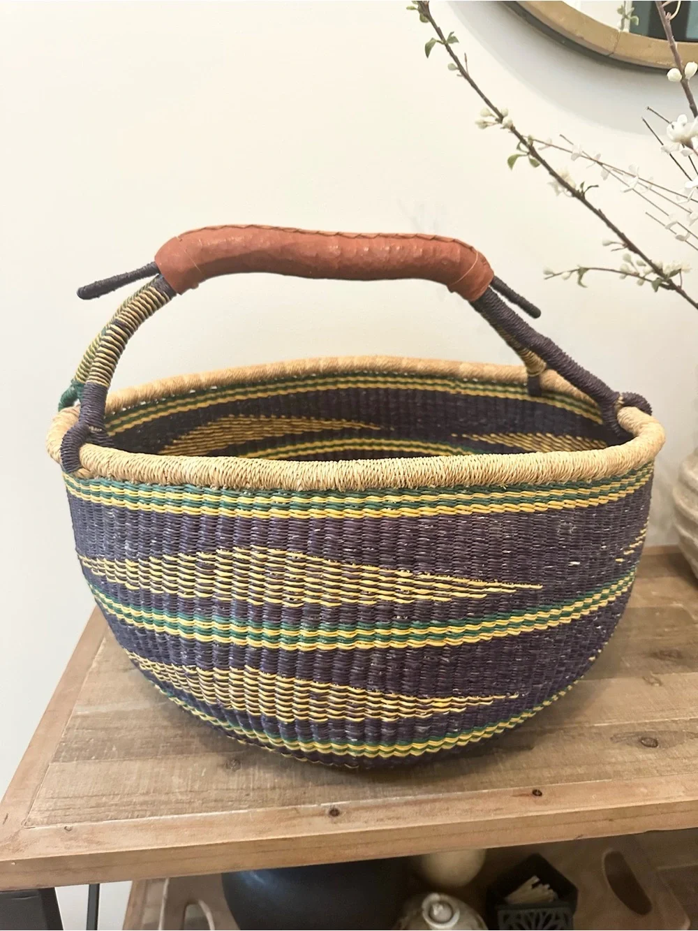Large Bolga Basket Woven Striped Storage Basket Leather Handle Multicolor Ghana